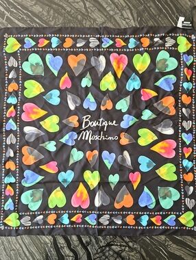 MOSCHINO: NWT Black Logo Silk Scarf with Multicolor Heart Print